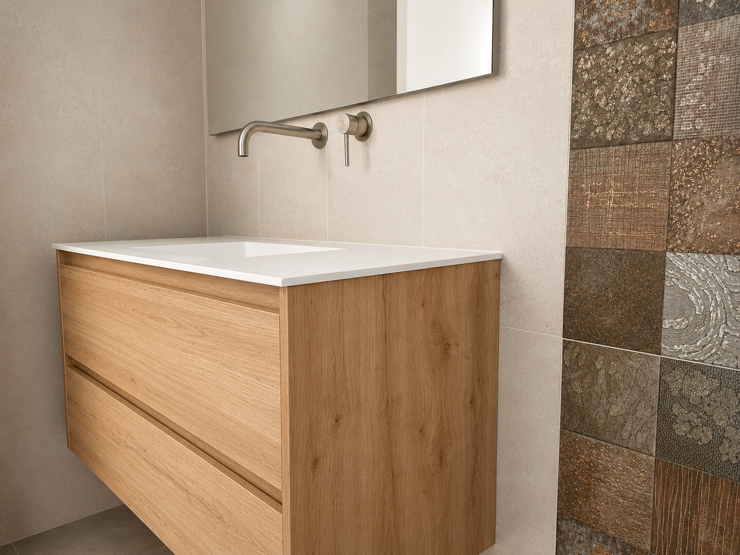 Baño con mueble suspendido de roble y gres cerámico en tonos cobre